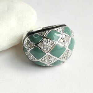Enamel Dome Ring cz and Green enamel Size 7 Harlequin design